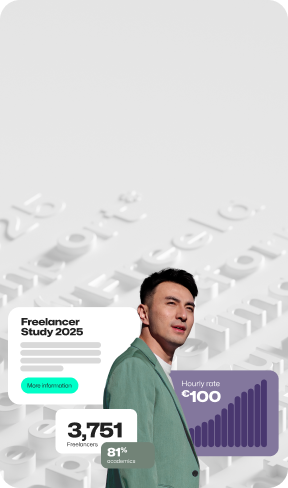 Man looking upwards with clipart charts displaying a preview of the Freelancer Study 2025 results.