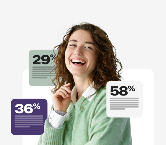 Smiling woman looking straight ahead with percentage cliparts.