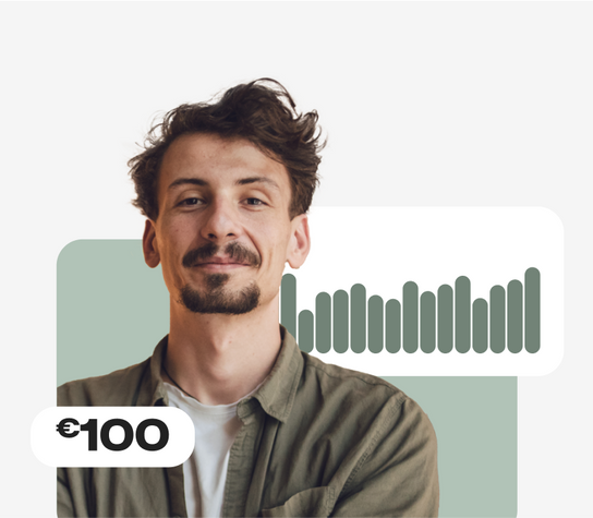 Man looking straight ahead with a clipart displaying €100.
