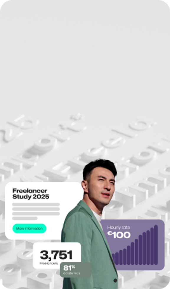 Man looking upwards with clipart charts displaying a preview of the Freelancer Study 2025 results.