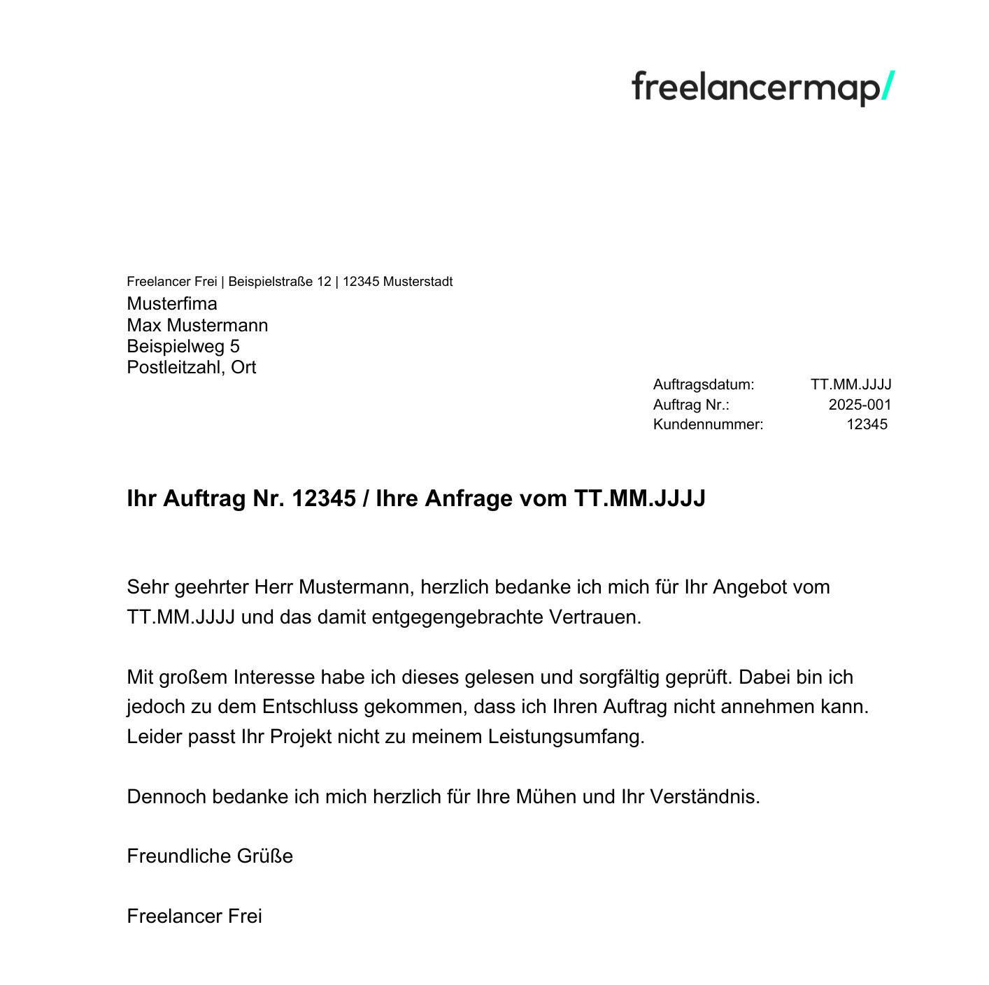 Muster Aufträge ablehnen