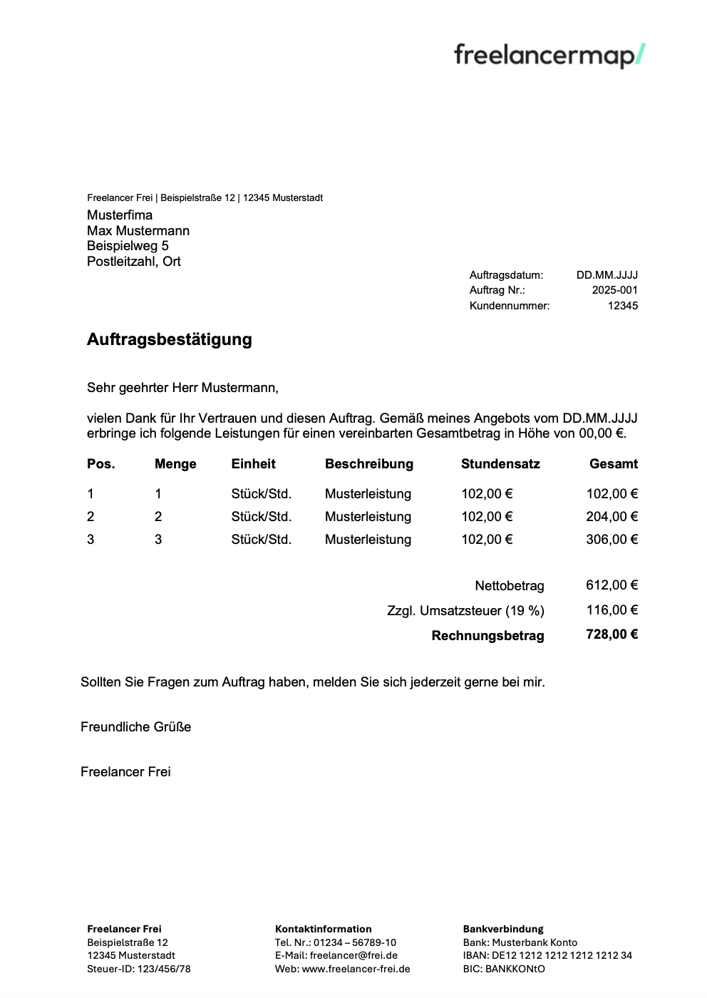Auftragsbestätigung Vorlage