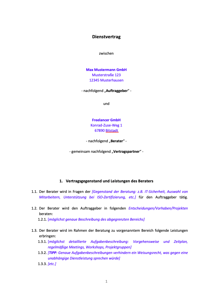 So könnte ein Dienstvertrag aussehen (Muster)