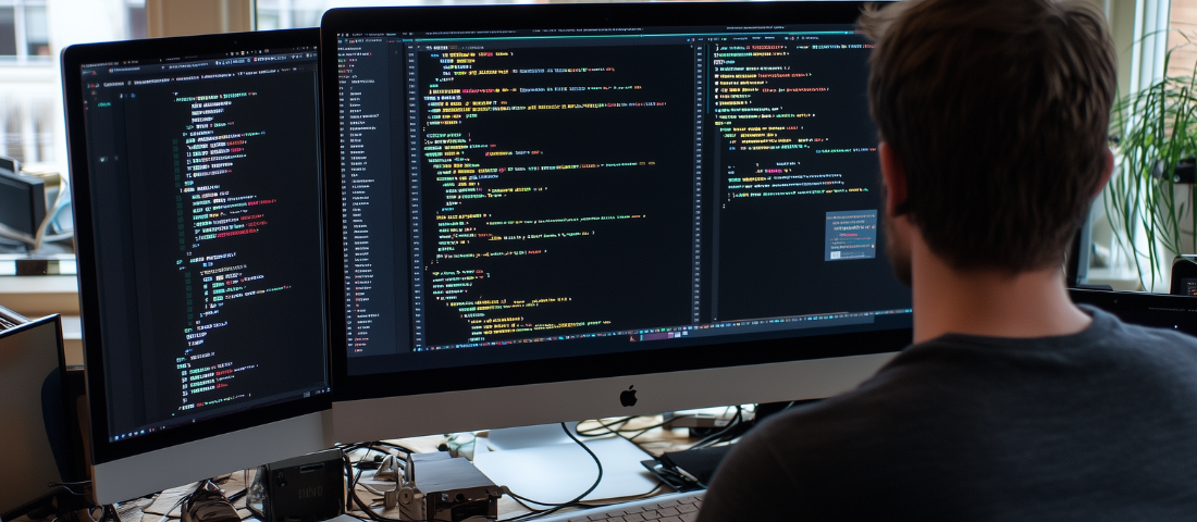 Ein Entwickler sitzt vor einem Bildschirm mit der Programmiersprache Kotlin